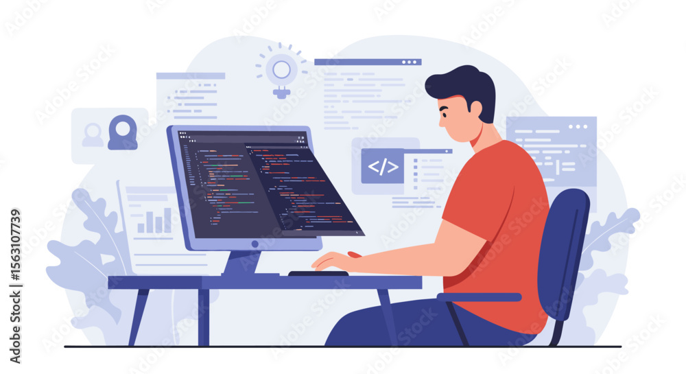 Poster software developer coding at desk with multiple screens vector illustration for tech design