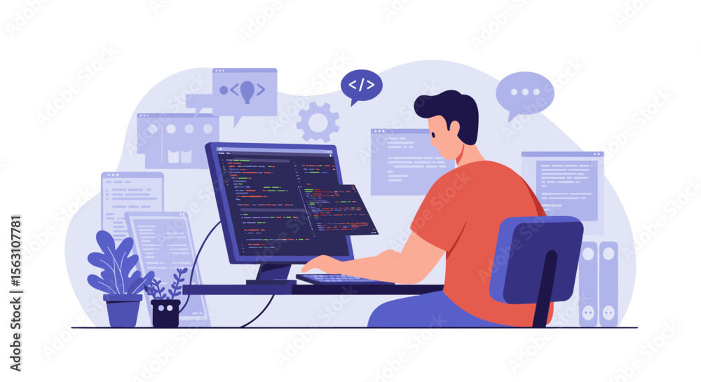 Poster programmer working on code in modern office setting vector illustration