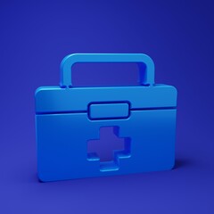 Blue First aid kit icon isolated on blue background. Medical box with cross. Medical equipment for emergency. Healthcare concept. Minimalism concept. 3D render illustration