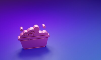 Pink Plastic basin with soap suds icon isolated on purple-blue background. Bowl with water. Washing...