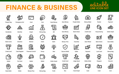 Finance and business line icons collection. Big UI icon set in a flat design. Thin outline icons pack.