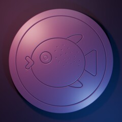 Purple Puffer fish on a plate icon isolated on purple-blue background. Fugu fish japanese puffer fish. Minimalism concept. 3D render illustration