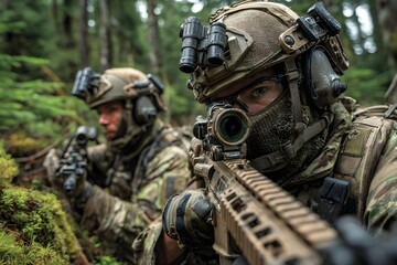 Two soldiers in camouflage uniforms are aiming with rifles.