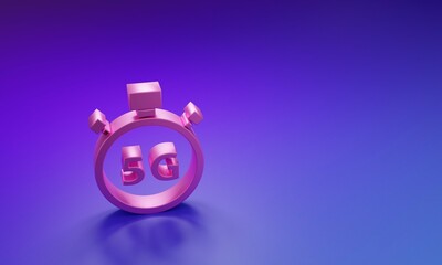 Pink Digital speed meter concept with 5G icon isolated on purple-blue background. Global network high speed connection data rate technology. Minimalism concept. 3D render illustration