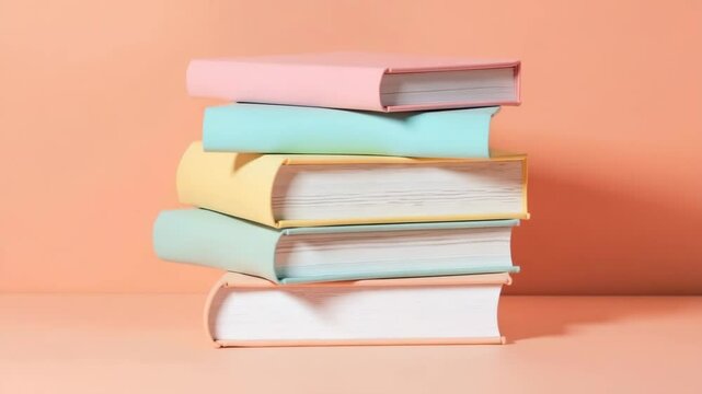 A stack of five colorful books in pastel shades of pink, blue, yellow, and white against a peach background. The books are neatly arranged and closed.