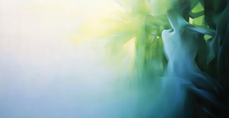 Ethereal green blue abstract background with sunlight and organic flowing shapes