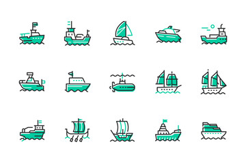 Water transport - set of line design style icons