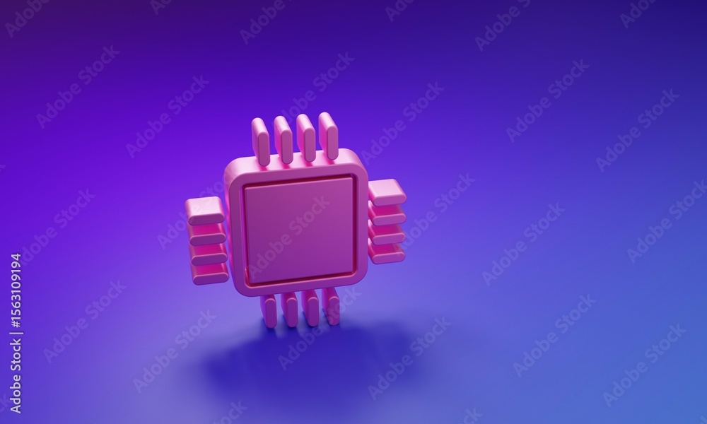 Fototapete pink computer processor with microcircuits cpu icon isolated on purple-blue background. chip or cpu 