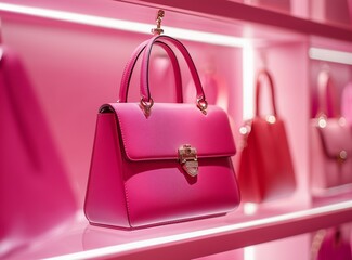 Pink woman hand bag on store display shelf, elegant retail presentation, fashion accessory showcase