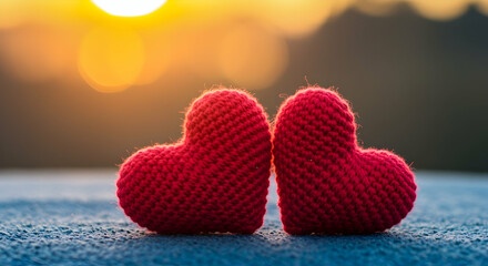 Fototapeta premium Romantic sunset love hearts knitted Valentines Day couple romance affection togetherness warm feelings bonding relationship