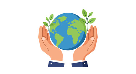 Earth day vector illustration: hands holding a green earth with seedlings for eco-friendly designs