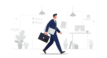 Professional businessman walking with briefcase and laptop in office vector illustration
