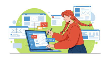 Woman programming on laptop with code screens in modern flat vector illustration for tech design
