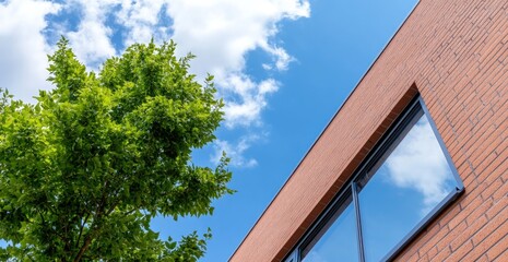 Modern brick building facade with large glass window reflecting blue sky and white clouds alongside vibrant green tree foliage in bright daylight