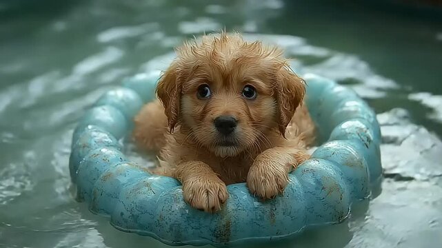 Puppy on a pool floatie