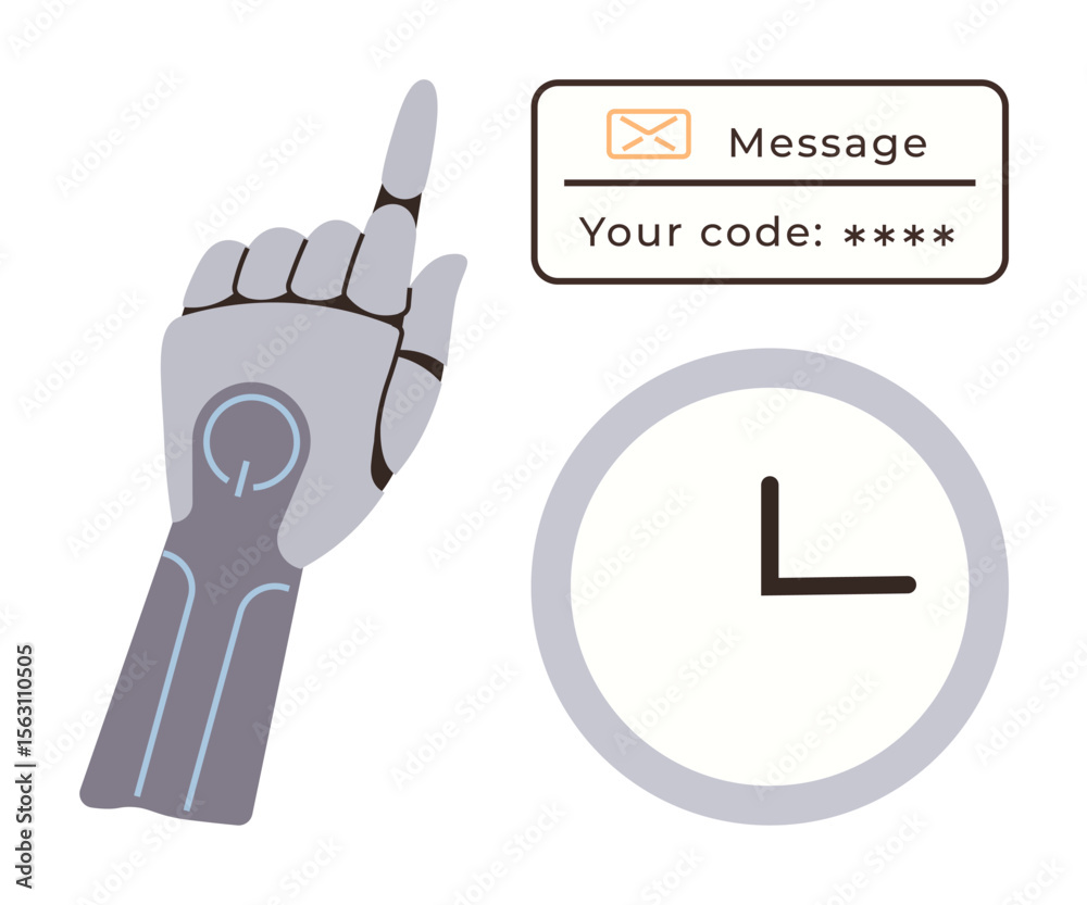 Poster robotic hand gestures toward screen displaying a security code. clock indicates time sensitivity. id
