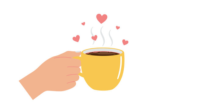 Warm coffee love vector illustration with heart steam and hand holding yellow mug in flat style