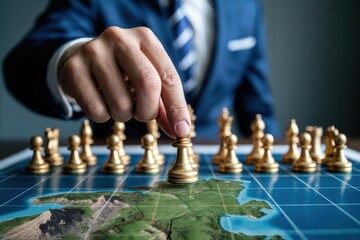 Hand moving golden chess piece on map board, businessman playing chess game, planning strategy and making business decisions.