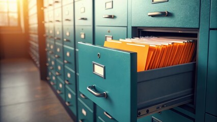 Teal filing cabinet with an open drawer filled with orange folders bathed in warm sunlight
