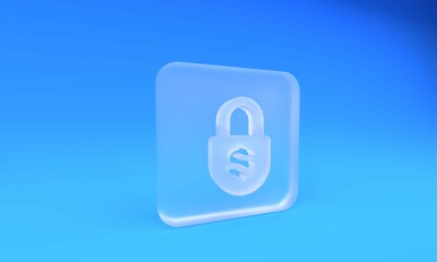 Frosted glass Money lock icon isolated on blue background. Padlock and dollar symbol. Finance, security, safety, protection, privacy concept. Square frosted glass button. 3D render illustration