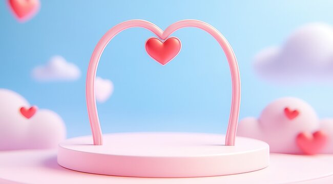 A whimsical scene featuring a pink heart arch on a pastel pedestal against a soft blue sky, surrounded by fluffy clouds. Perfect for romantic or love-themed concepts.