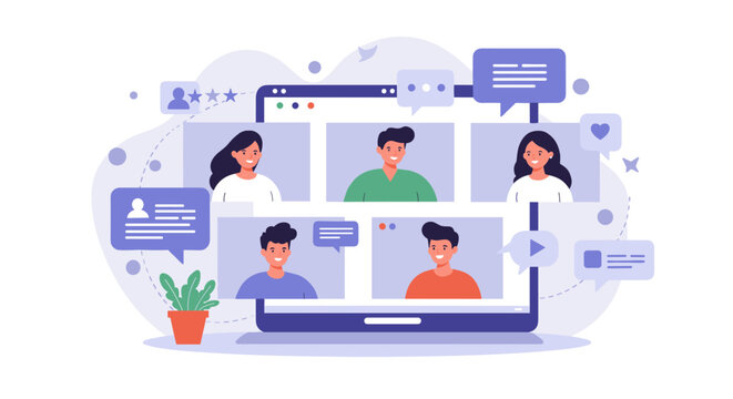 Virtual meeting concept with diverse participants in a modern flat vector illustration for online communication design