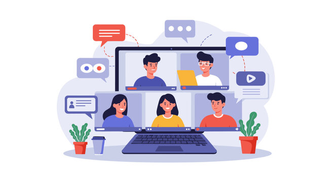 Remote team meeting concept vector illustration for online collaboration and communication design