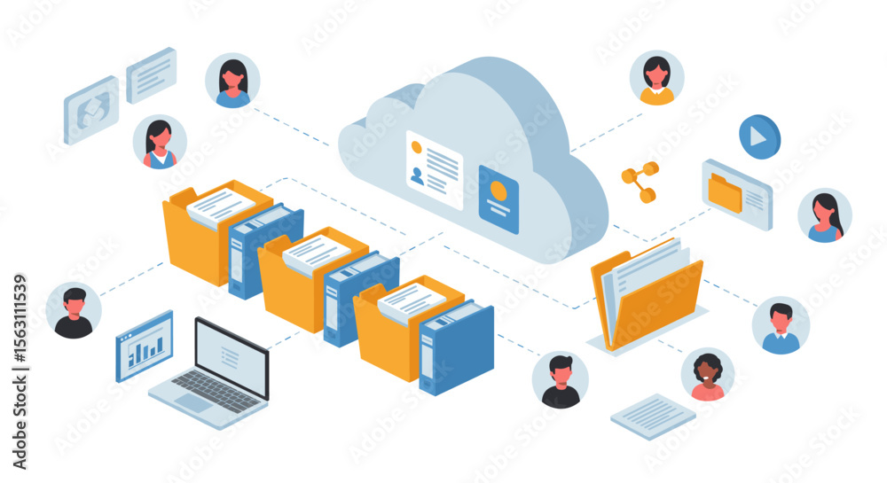 Poster cloud data storage and sharing network concept - isometric vector illustration for web and software 