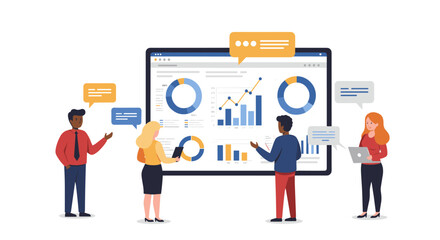 Team collaboration on data analysis and presentation in modern business environment vector illustration