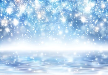 A serene winter wonderland scene featuring shimmering snowflakes and twinkling stars against a tranquil blue backdrop. The calm water reflects the magical atmosphere.