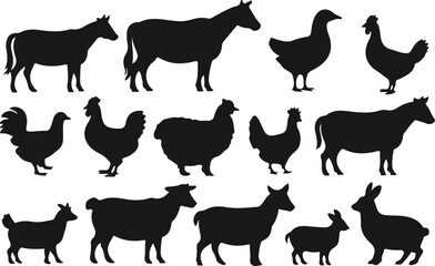 Collection of farm animal silhouettes on a white background for agricultural themes