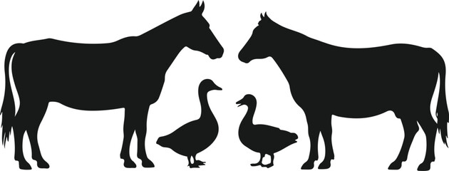 Two horses and two geese silhouettes facing each other on white background