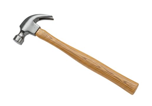 Claw hammer featuring a wooden handle set against transparent background for DIY, construction, and repair needs.