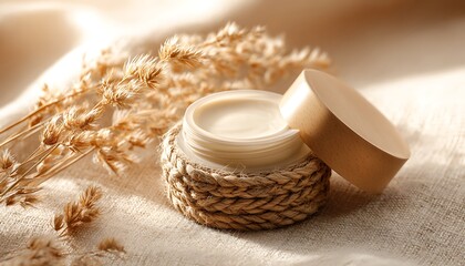 Sustainable skincare container on jute-texture surface and sunlight glow warm beige