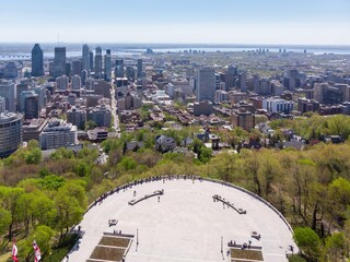 Aerial view of Montreal, Canada, from Mount Royal. Tourists visit the Kondiaronk Belvedere for...