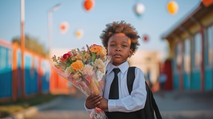 Boy holding flower bouquet and backpack