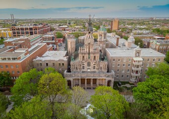 Fototapeta premium Aerial view of Saint-Jean-Baptiste Church in Montreal, Canada. The church is a popular tourist destination because of its architecture and history.