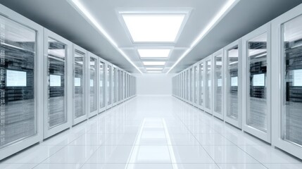Clean white server room showing rows of high tech computers and black rack servers, secure data center interior, digital storage system in action