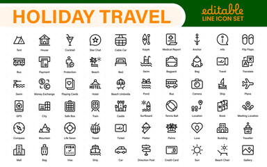 Holiday Travel outline icons set. Travel, hotel, holiday, tourism, beach, plane, map, agent and insurance. Booking, reservation, room, airport, accommodation.