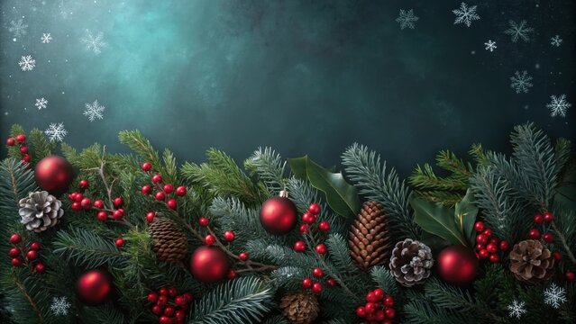 Festive christmas garland with red ornaments pinecones and holly berries on a dark teal background with snowflakes - Powered by Adobe