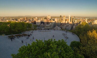 People visit the Kondiaronk Belvedere viewpoint on Mount Royal in Montreal, Canada, to enjoy...