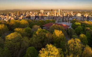 Aerial view of Montreal, Canada, from Mount Royal Park. Tourists visit the Kondiaronk Belvedere for...