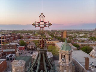 Aerial view of theSaint-Jean-Baptiste Church in Montreal, Canada in Montreal, Canada. The cross is...