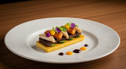 Gourmet Appetizer with Crispy Base Topped with Meat, Vegetables, and Edible Flowers on Elegant White Plate