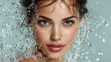 Beautiful woman with green eyes and water splashing on her face. Ideal for beauty, skin care ads, or freshness concepts.