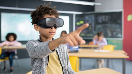 Child exploring virtual reality in classroom
