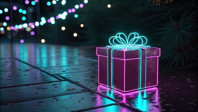 A glowing neon gift box sits on a wet wooden surface with bokeh lights in the background