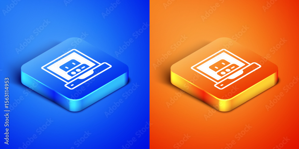 Poster isometric creating robot icon isolated on blue and orange background. artificial intelligence, machi