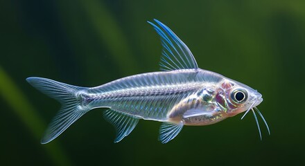 Fototapeta premium Close up of a transparent glass catfish with blue fins swimming in dark green water