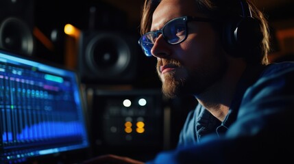 Man with glasses and headphones working on a computer in a dark recording studio setting at night
